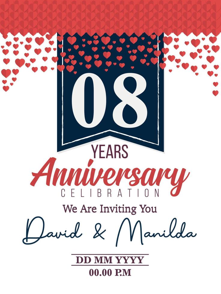 Celebración del logotipo del aniversario de los 8 años con amor por el evento de celebración, cumpleaños, boda, tarjeta de felicitación e invitación vector