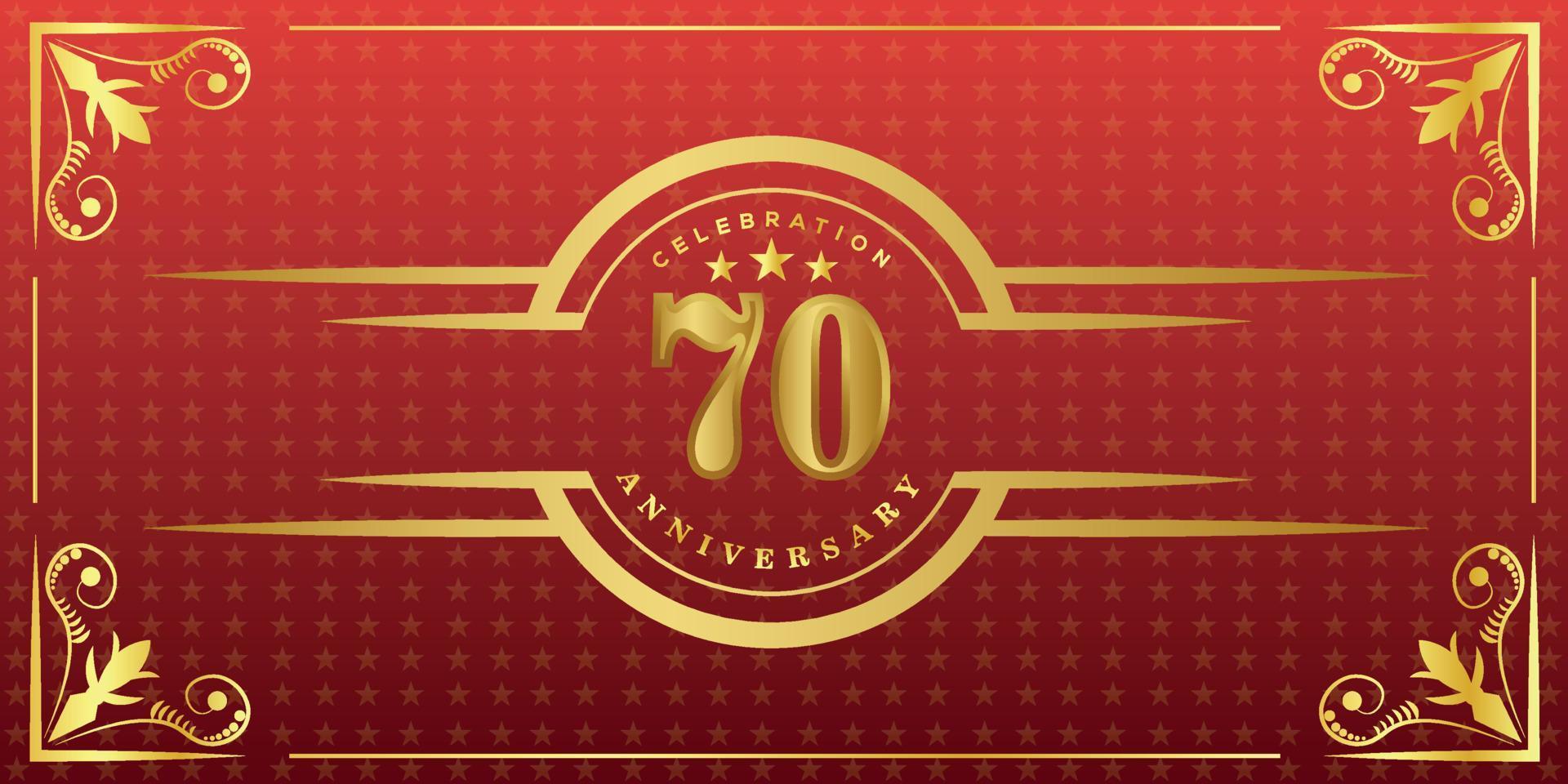 Logotipo del 70 aniversario con anillo dorado, confeti y borde dorado aislado en un elegante fondo rojo, brillo, diseño vectorial para tarjetas de felicitación y tarjetas de invitación vector