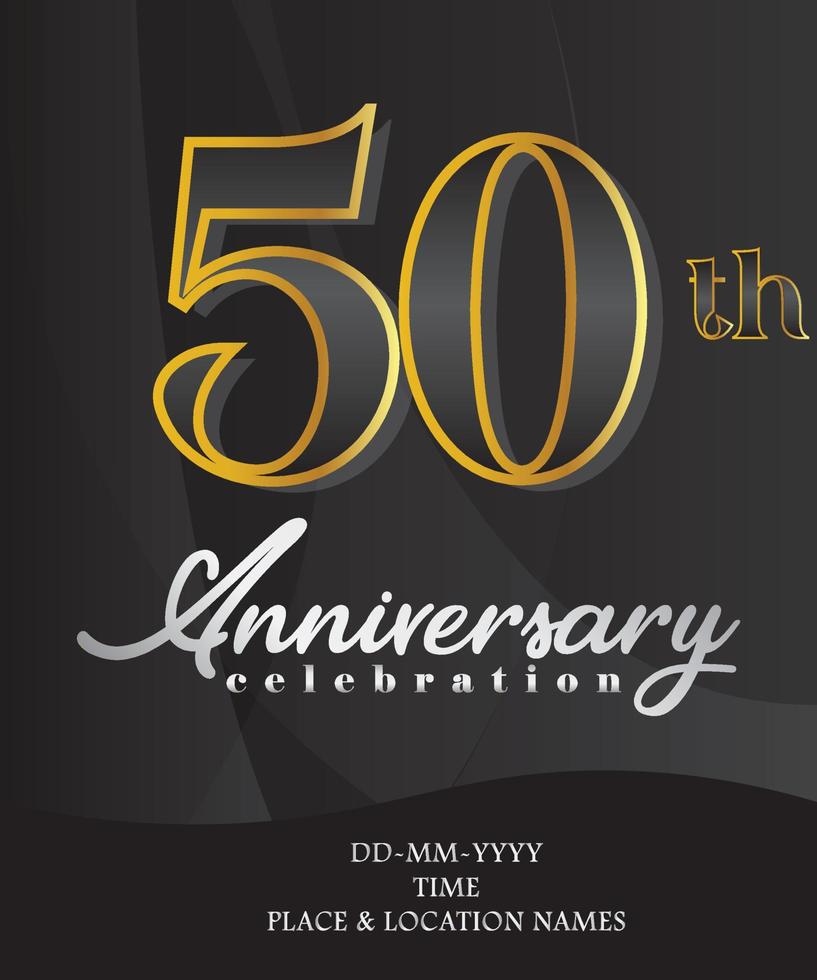 50 Anniversary Invitation and Greeting Card Design, Golden and Silver Coloured, Elegant Design, Isolated on Black Background. Vector illustration.