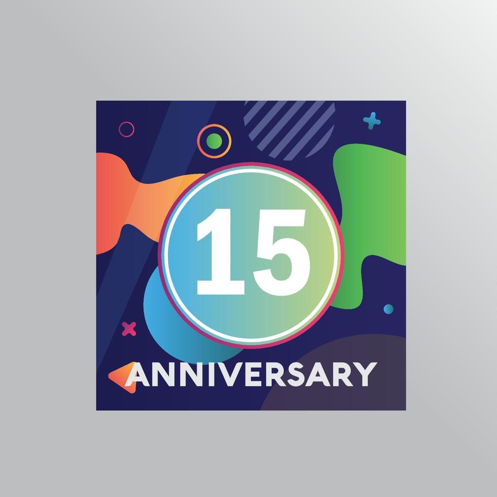 Logotipo de aniversario de 15 años, celebración de cumpleaños de diseño vectorial con fondo colorido y forma abstracta. vector