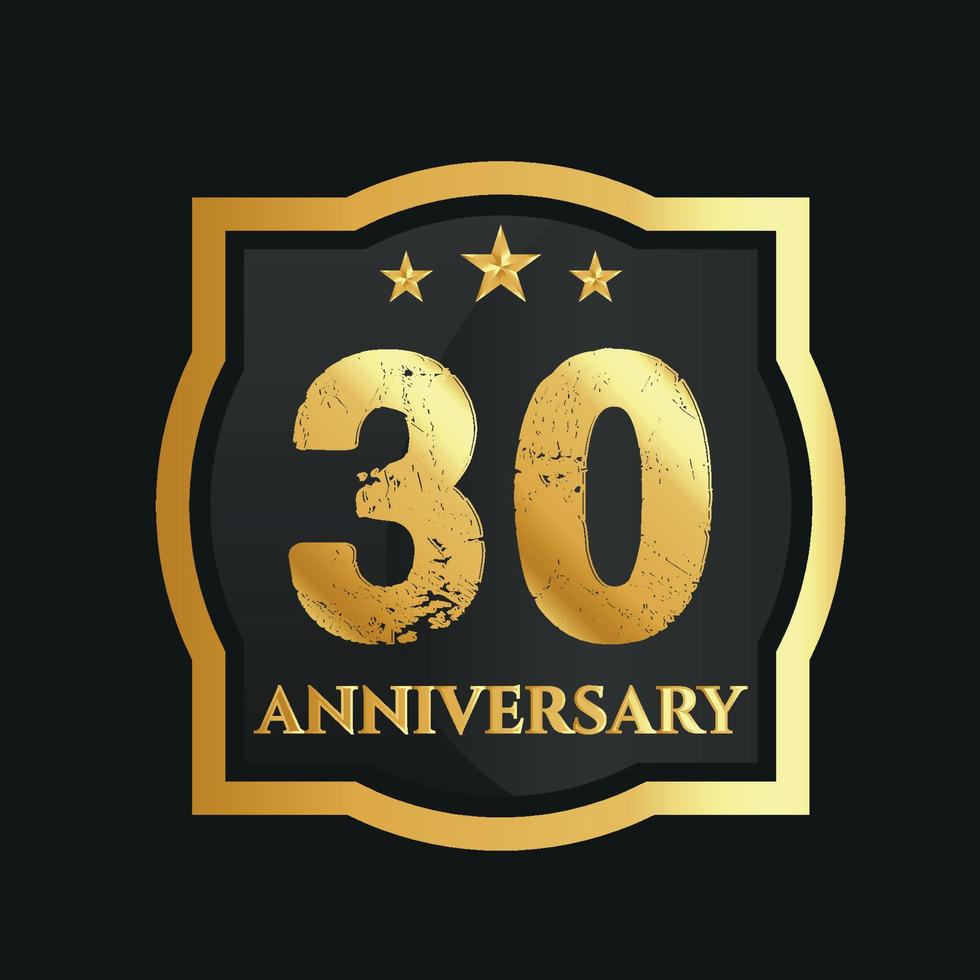 Celebrating 30th years anniversary with golden border and stars on dark background, vector design.