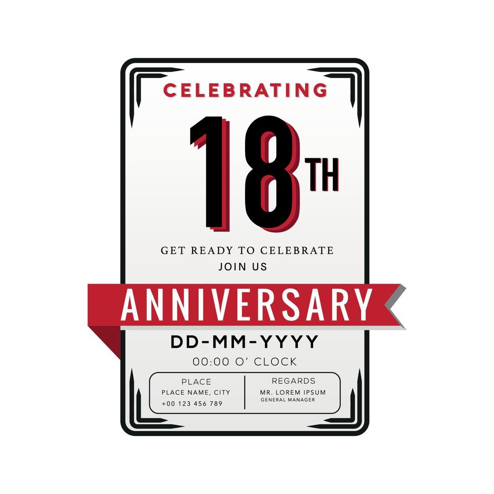 18 Years Anniversary Logo Celebration and Invitation Card with red ribbon Isolated on white Background vector