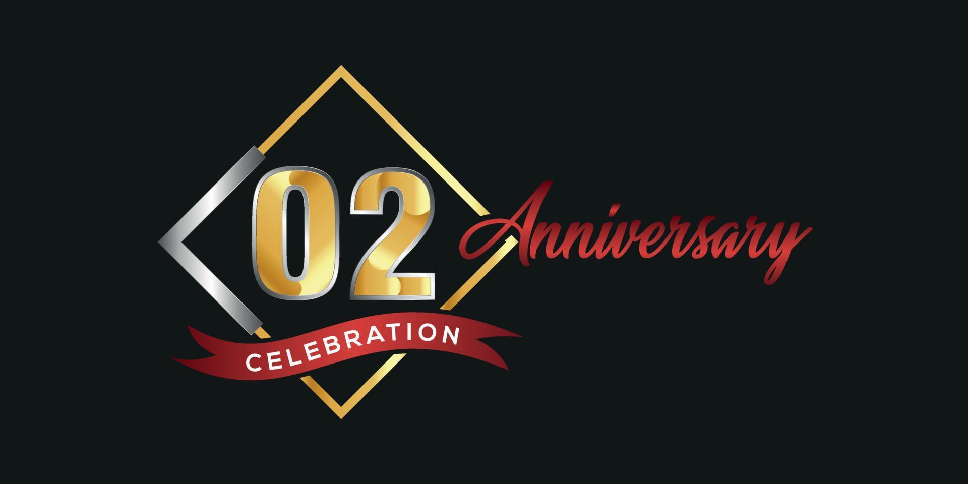 Logotipo del segundo aniversario con caja dorada y plateada, confeti y cinta roja aislada en un elegante fondo negro, diseño vectorial para tarjetas de felicitación y tarjetas de invitación vector