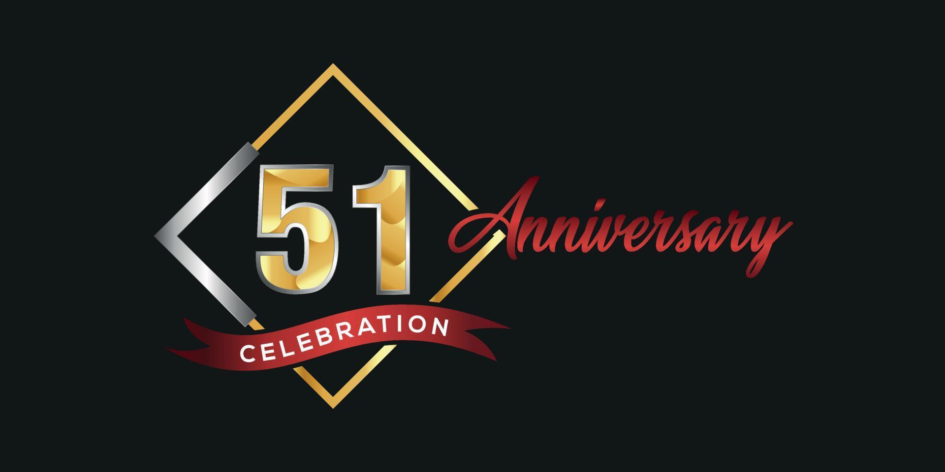 51th anniversary logo with golden and silver box, confetti and red ribbon isolated on elegant black background, vector design for greeting card and invitation card