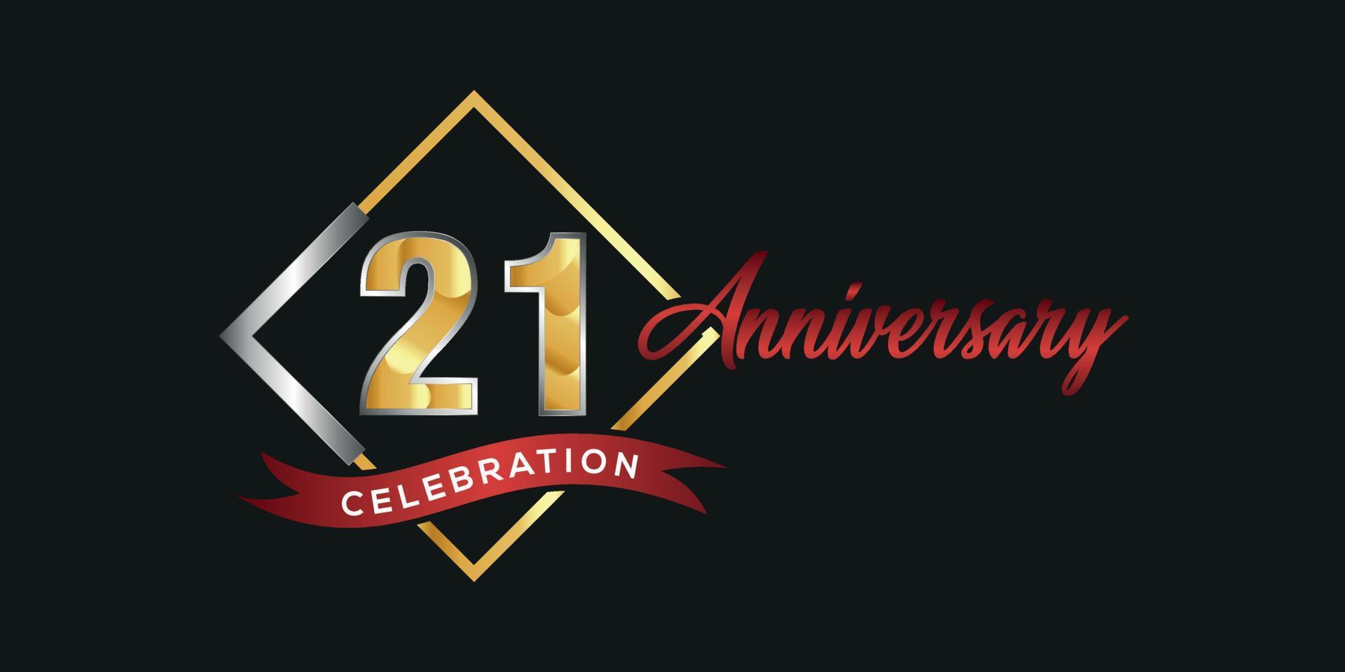 21st anniversary logo with golden and silver box, confetti and red ribbon isolated on elegant black background, vector design for greeting card and invitation card