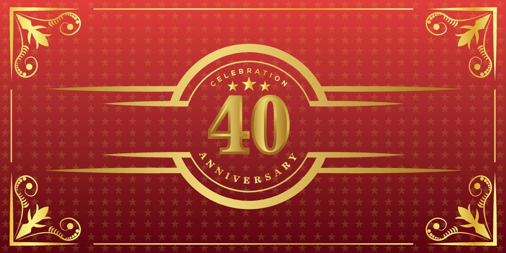 40th anniversary logo with golden ring, confetti and gold border isolated on elegant red background, sparkle, vector design for greeting card and invitation card