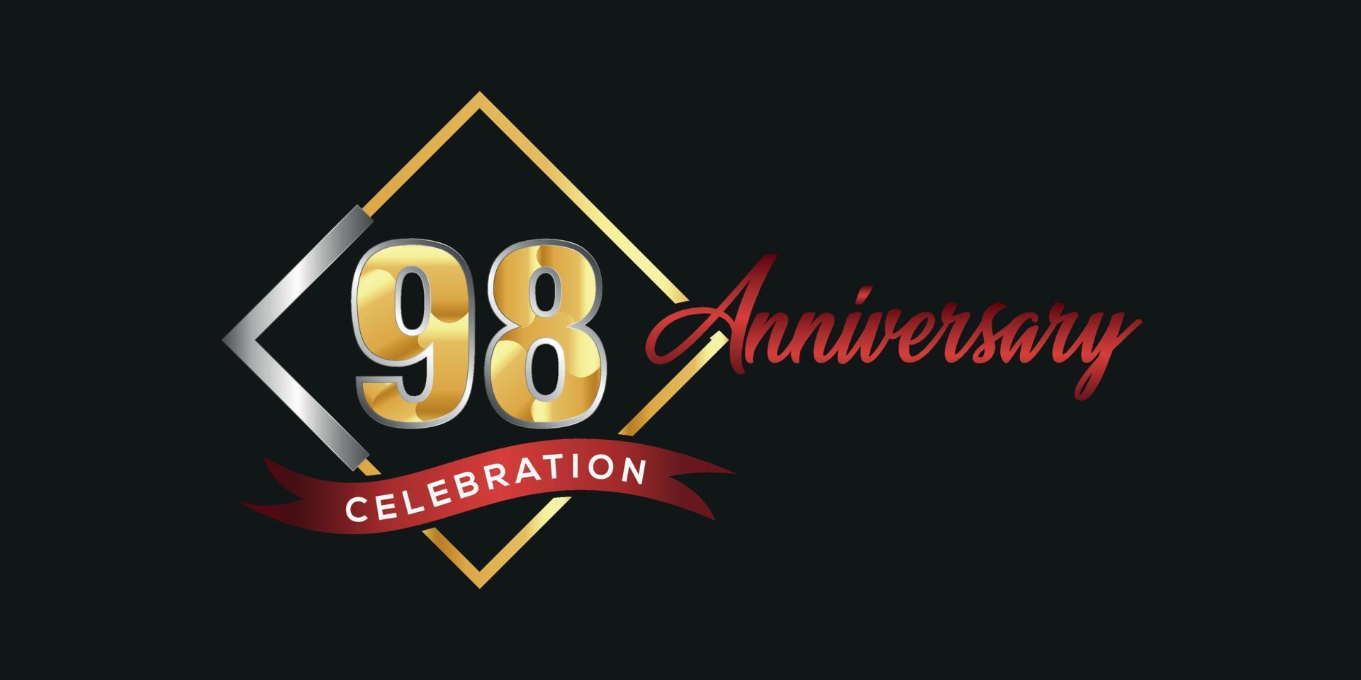 98th anniversary logo with golden and silver box, confetti and red ribbon isolated on elegant black background, vector design for greeting card and invitation card