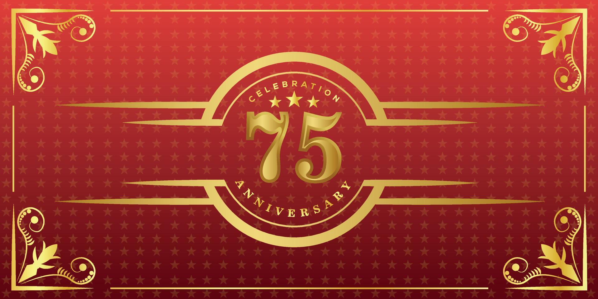 75th anniversary logo with golden ring, confetti and gold border isolated on elegant red background, sparkle, vector design for greeting card and invitation card
