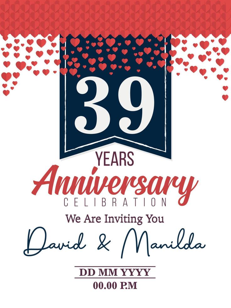39th Years Anniversary Logo Celebration With Love for celebration event, birthday, wedding, greeting card, and invitation vector