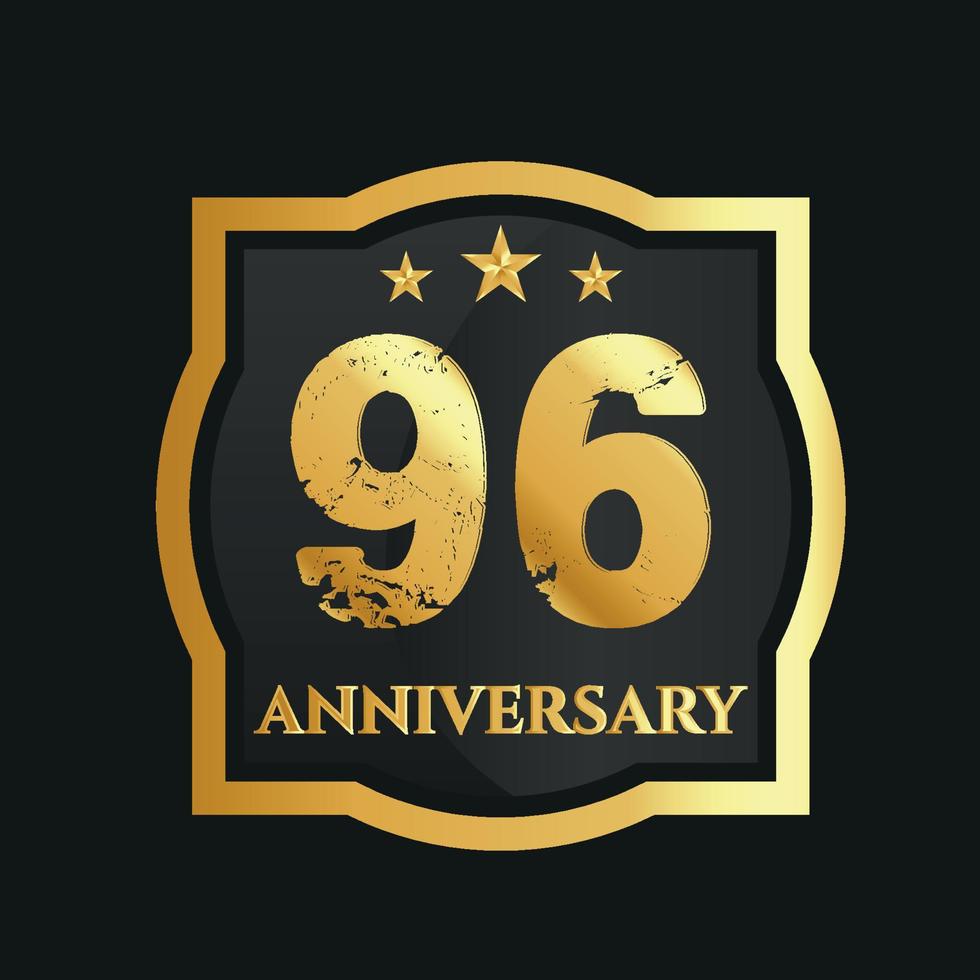 Celebrating 96th years anniversary with golden border and stars on dark background, vector design.