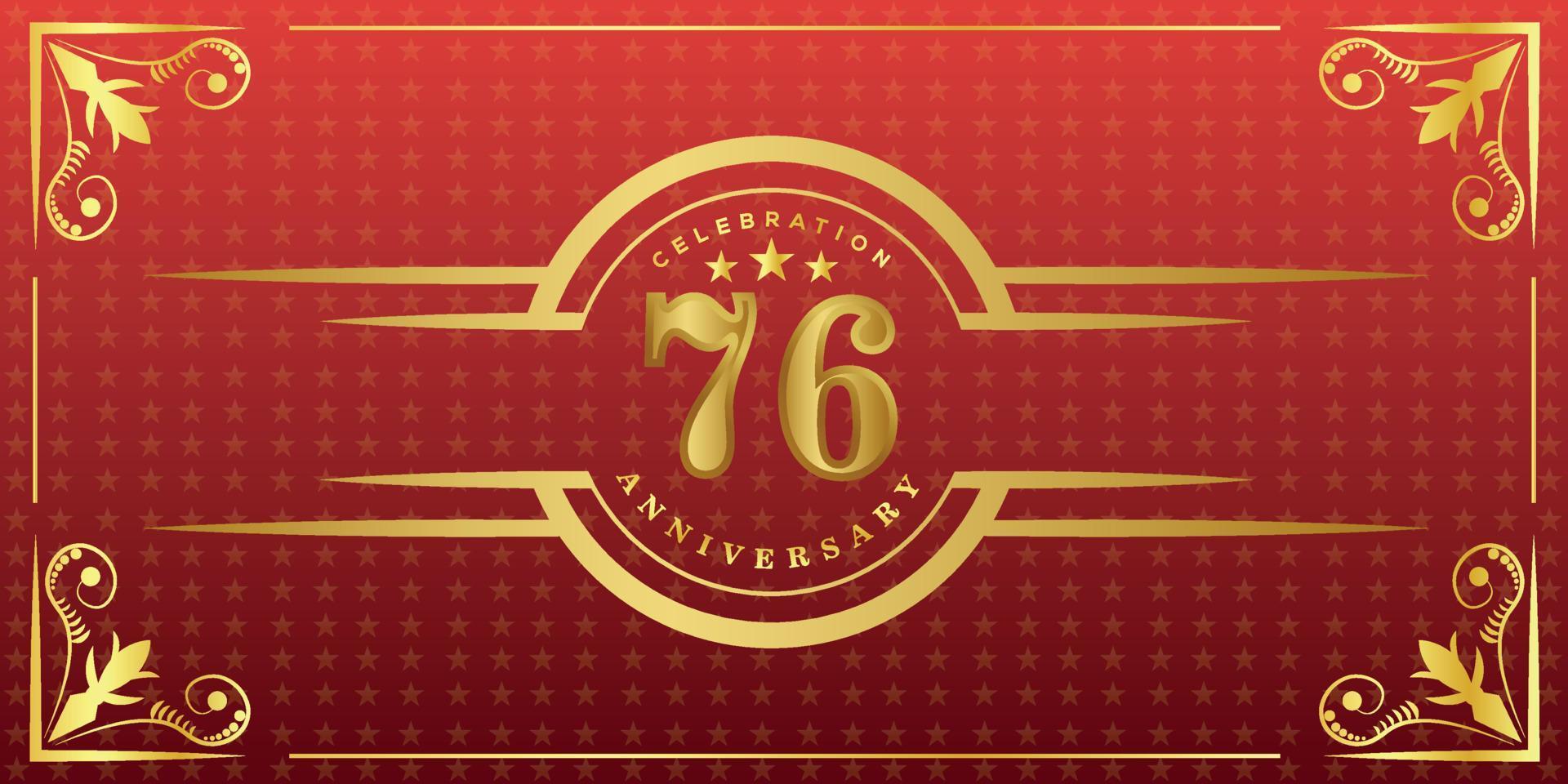 76th anniversary logo with golden ring, confetti and gold border isolated on elegant red background, sparkle, vector design for greeting card and invitation card