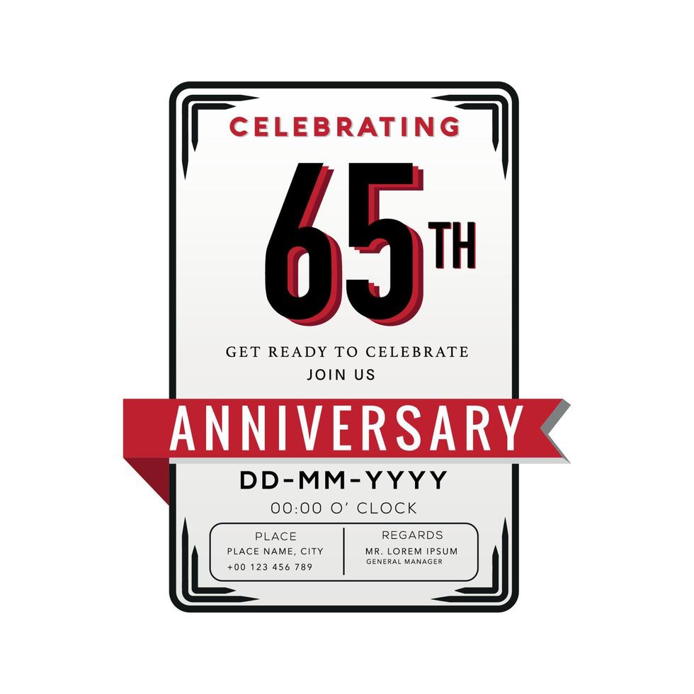 65 Years Anniversary Logo Celebration and Invitation Card with red ribbon Isolated on white Background vector