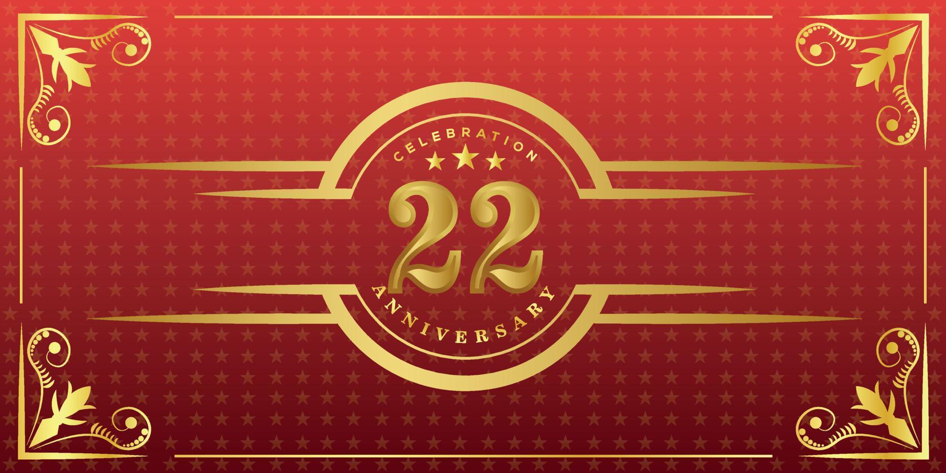 22nd anniversary logo with golden ring, confetti and gold border isolated on elegant red background, sparkle, vector design for greeting card and invitation card