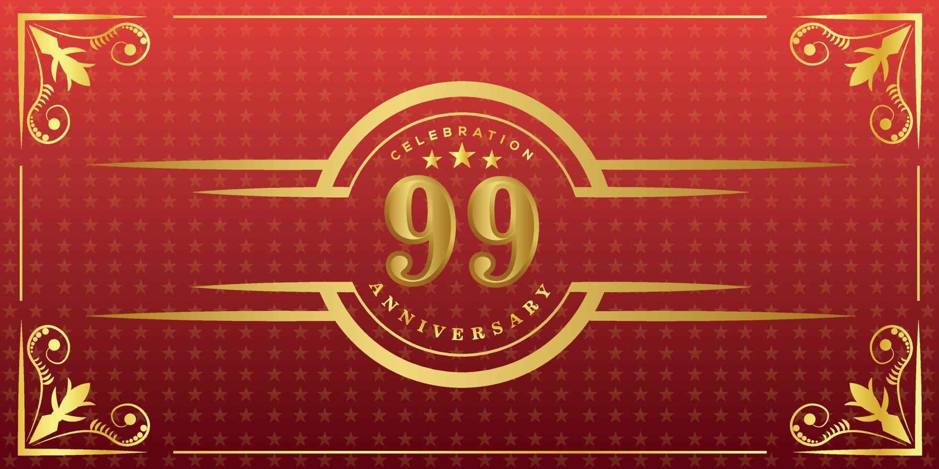 99th anniversary logo with golden ring, confetti and gold border isolated on elegant red background, sparkle, vector design for greeting card and invitation card