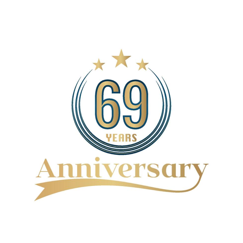 69 Year Anniversary Vector Template Design Illustration. Gold And Blue color design with ribbon
