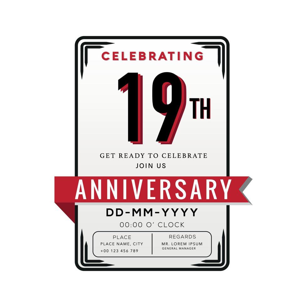 19 Years Anniversary Logo Celebration and Invitation Card with red ribbon Isolated on white Background vector