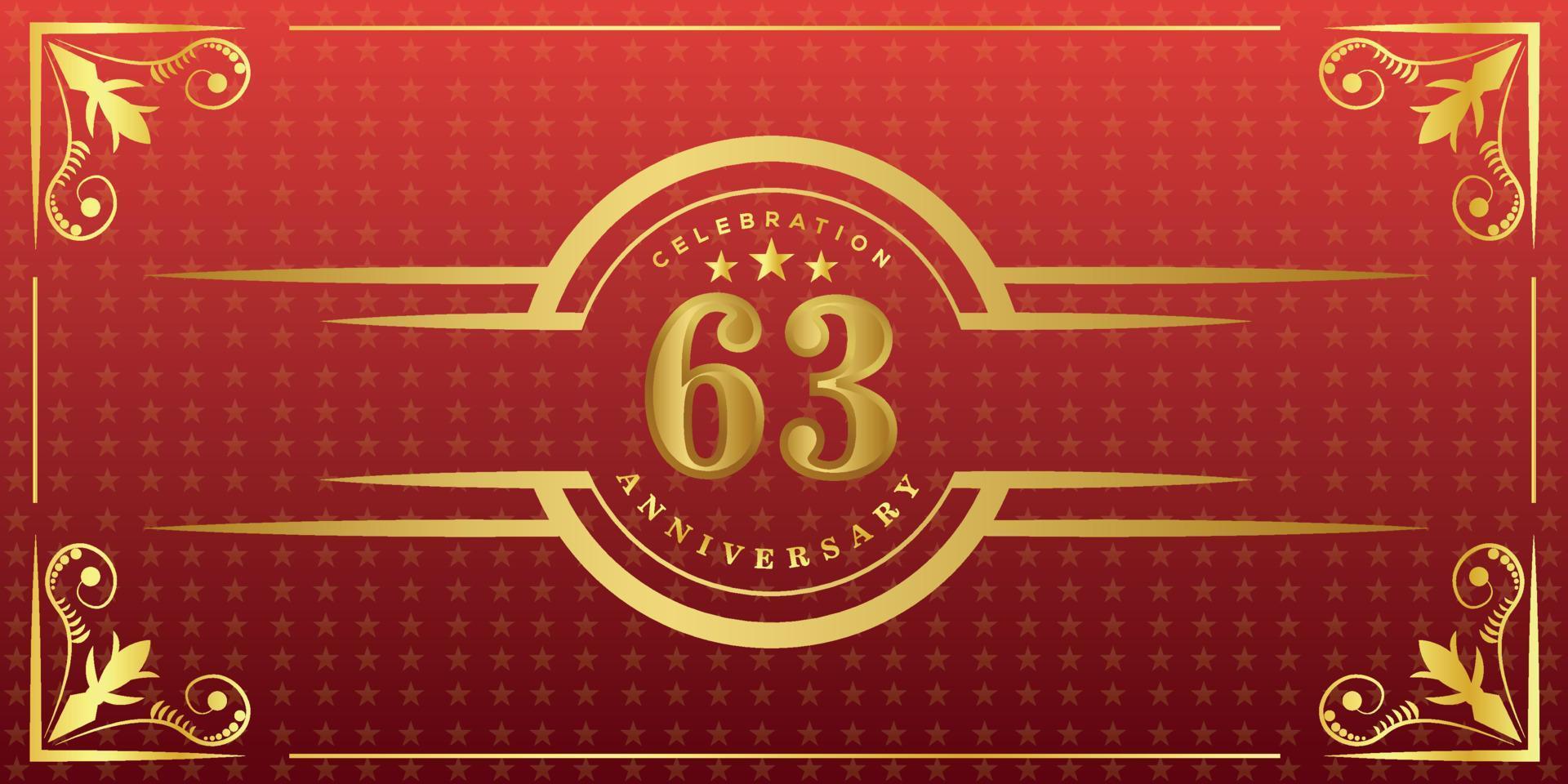 63rd anniversary logo with golden ring, confetti and gold border isolated on elegant red background, sparkle, vector design for greeting card and invitation card