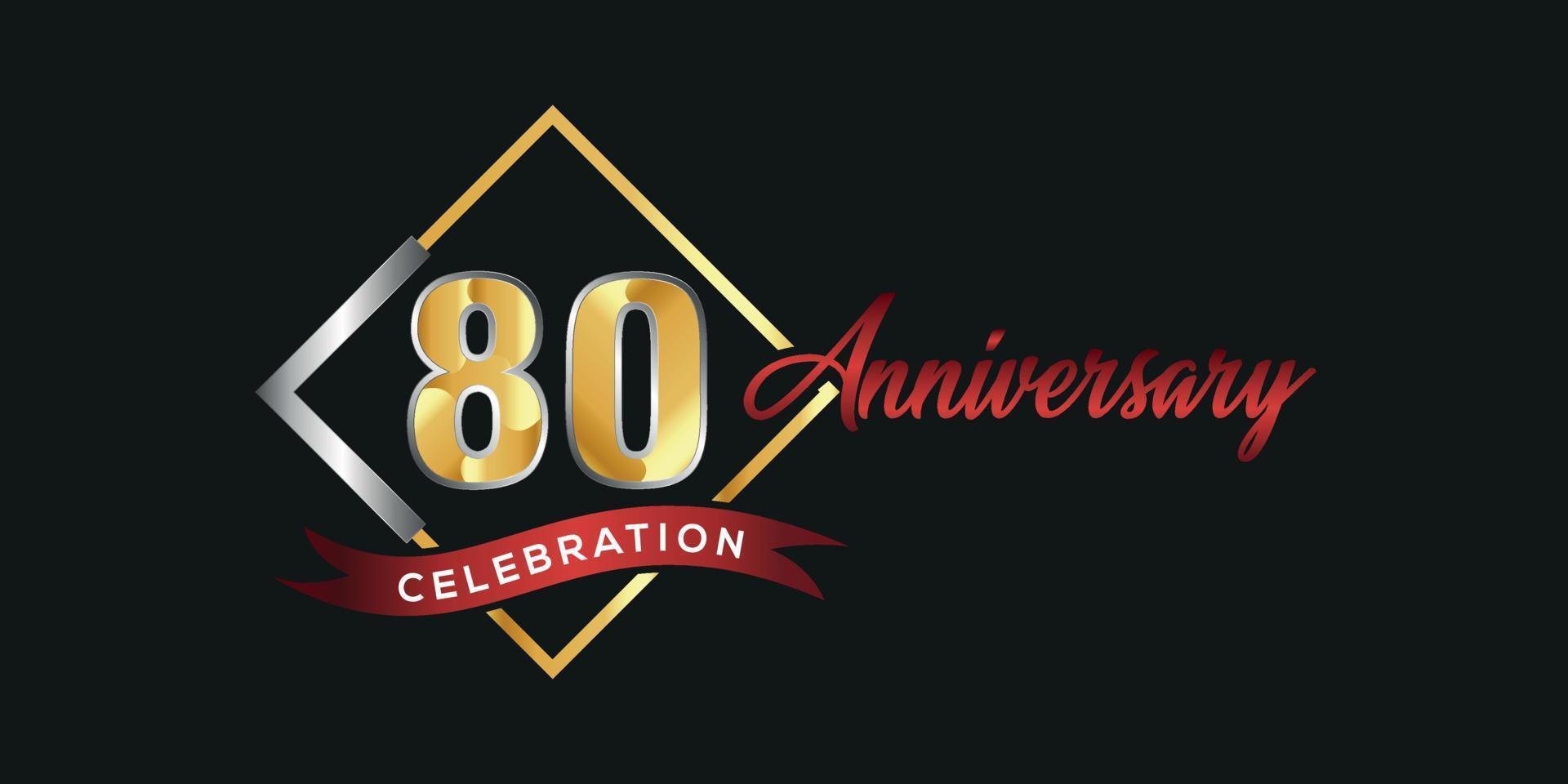 80th anniversary logo with golden and silver box, confetti and red ribbon isolated on elegant black background, vector design for greeting card and invitation card
