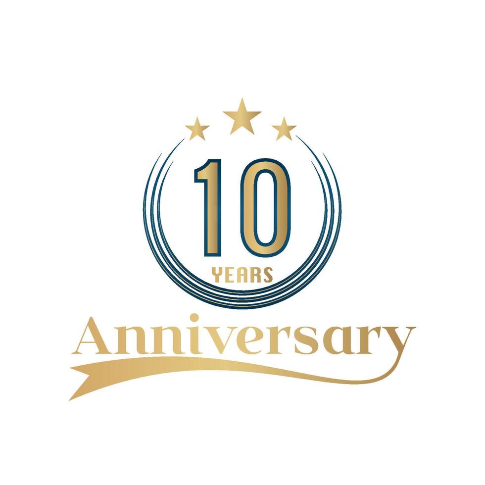 Ilustración de diseño de plantilla de vector de aniversario de 10 años. diseño de color dorado y azul con cinta