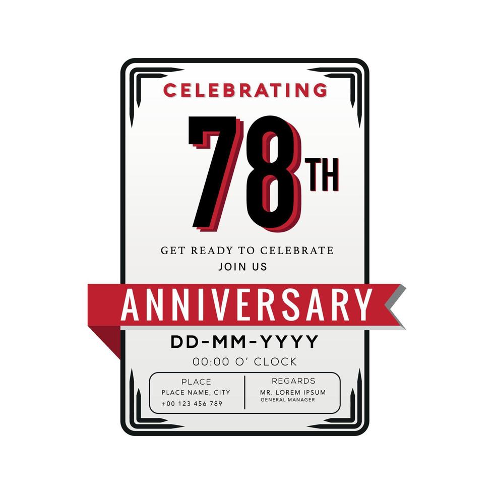 78 Years Anniversary Logo Celebration and Invitation Card with red ribbon Isolated on white Background vector