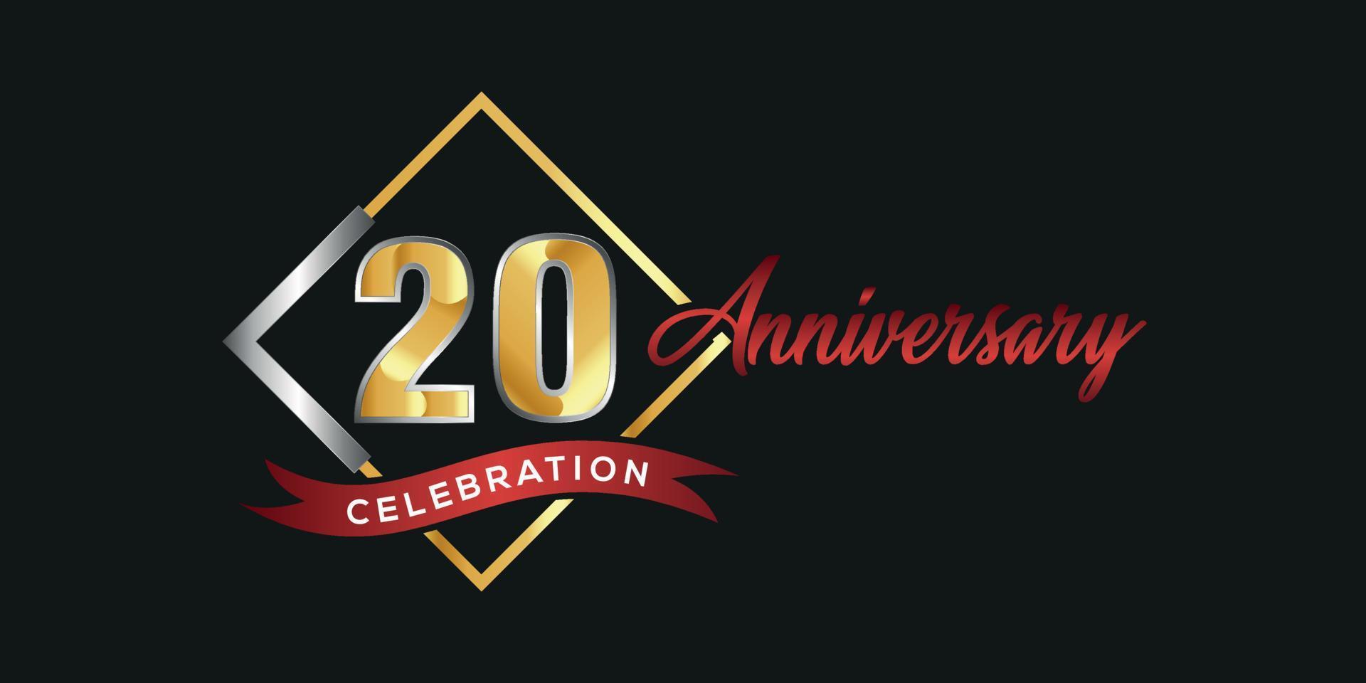 Logotipo del 20º aniversario con caja dorada y plateada, confeti y cinta roja aislada en un elegante fondo negro, diseño vectorial para tarjetas de felicitación y tarjetas de invitación vector