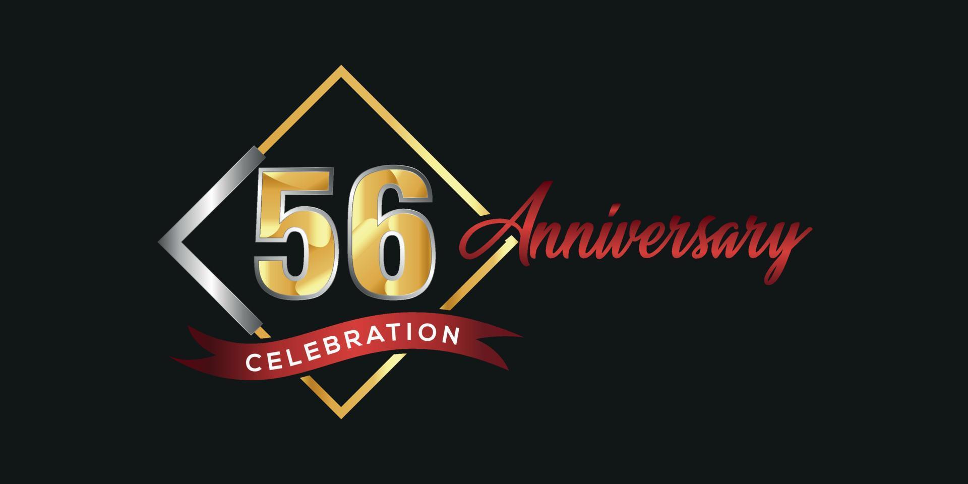 56th anniversary logo with golden and silver box, confetti and red ribbon isolated on elegant black background, vector design for greeting card and invitation card