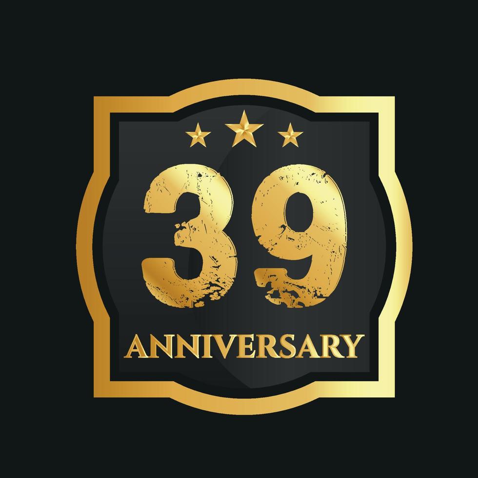 Celebrating 39th years anniversary with golden border and stars on dark background, vector design.