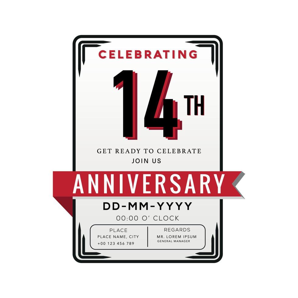 14 Years Anniversary Logo Celebration and Invitation Card with red ribbon Isolated on white Background vector