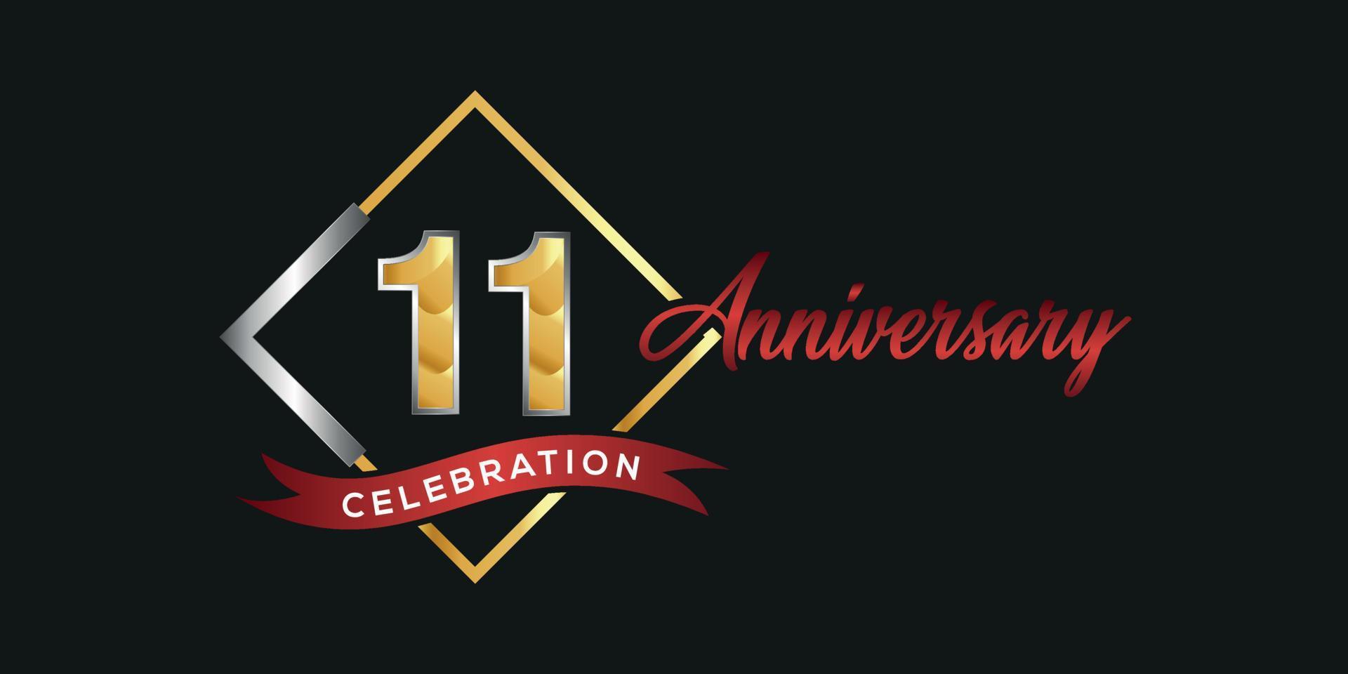 11th anniversary logo with golden and silver box, confetti and red ribbon isolated on elegant black background, vector design for greeting card and invitation card