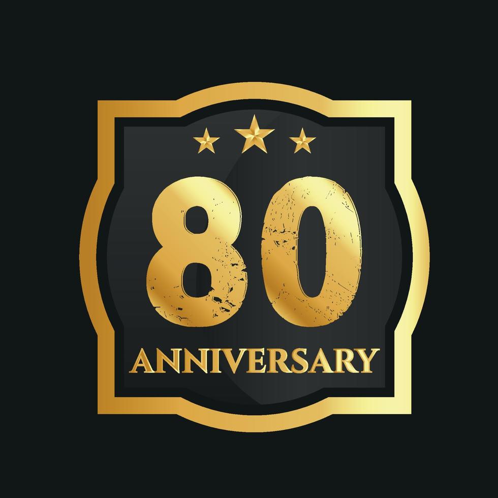 Celebrating 80th years anniversary with golden border and stars on dark background, vector design.