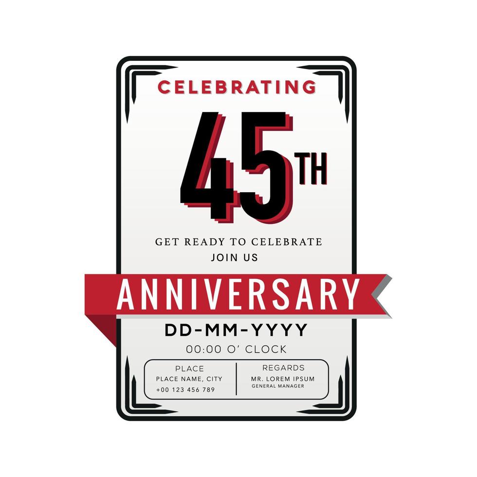 45 Years Anniversary Logo Celebration and Invitation Card with red ribbon Isolated on white Background vector