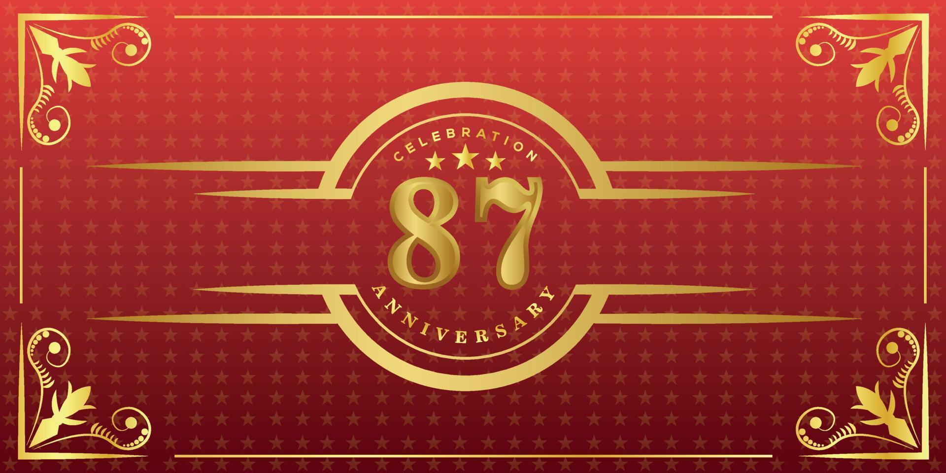 87th anniversary logo with golden ring, confetti and gold border isolated on elegant red background, sparkle, vector design for greeting card and invitation card