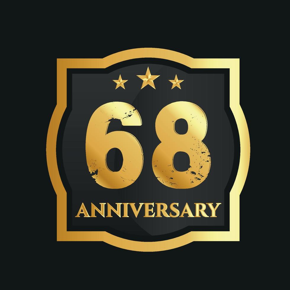 Celebrating 68th years anniversary with golden border and stars on dark background, vector design.