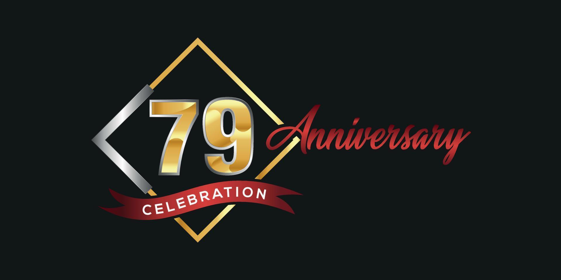 79th anniversary logo with golden and silver box, confetti and red ribbon isolated on elegant black background, vector design for greeting card and invitation card