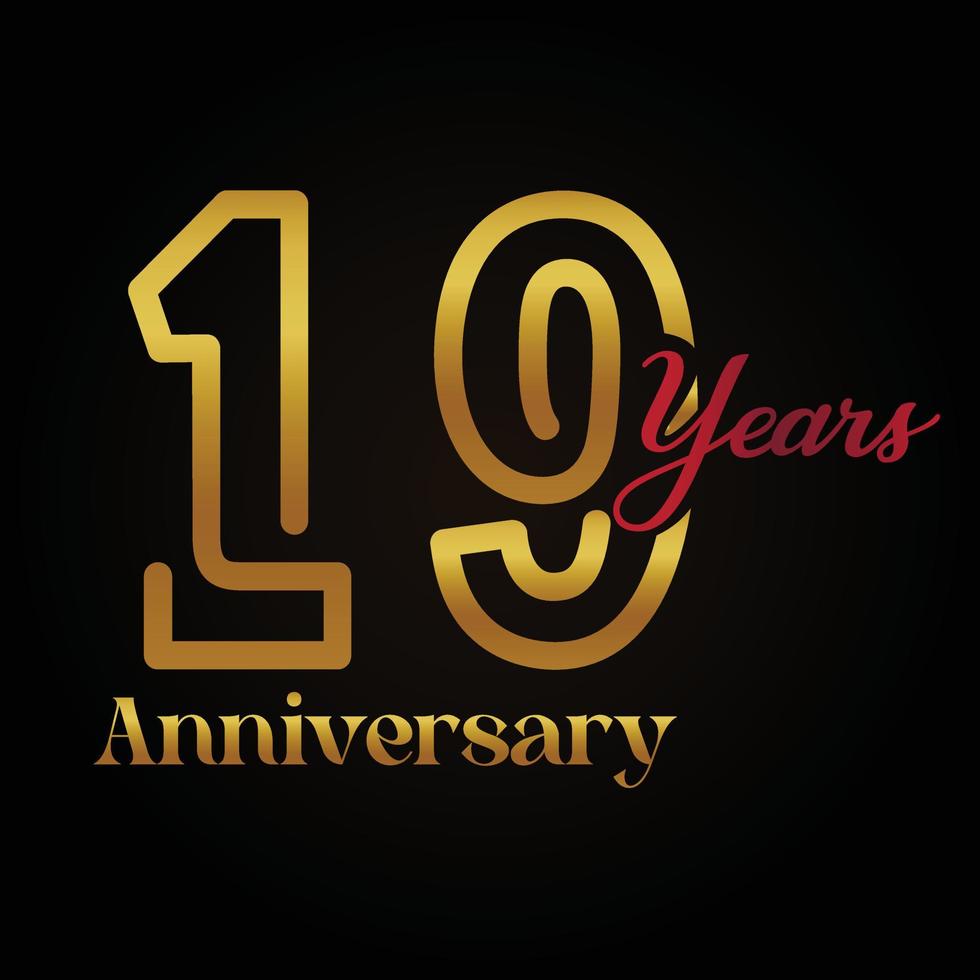 19th anniversary celebration logotype with handwriting golden and red colour elegant design . vector anniversary for celebration, invitation card, and greeting card.