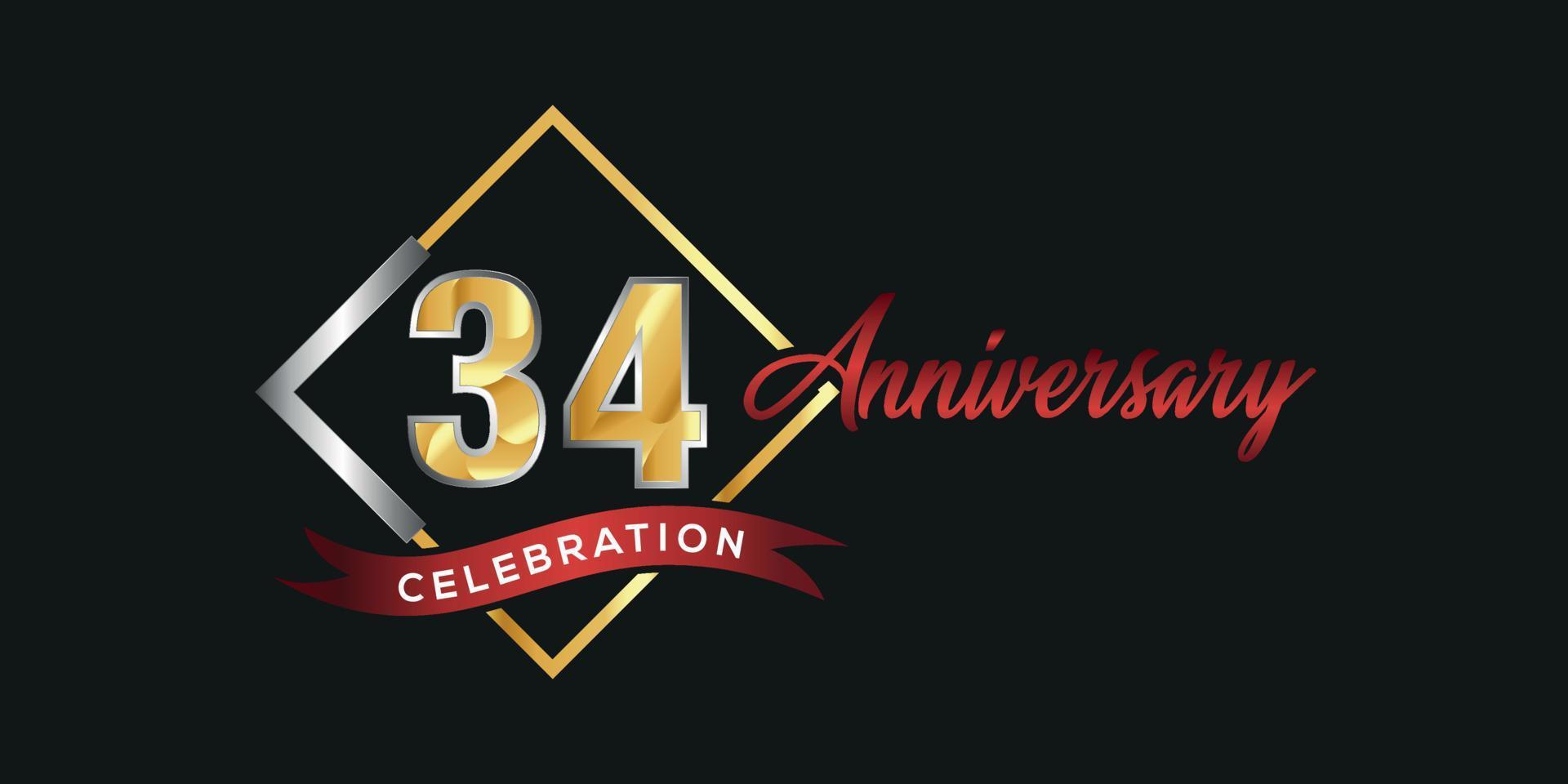 34th anniversary logo with golden and silver box, confetti and red ribbon isolated on elegant black background, vector design for greeting card and invitation card