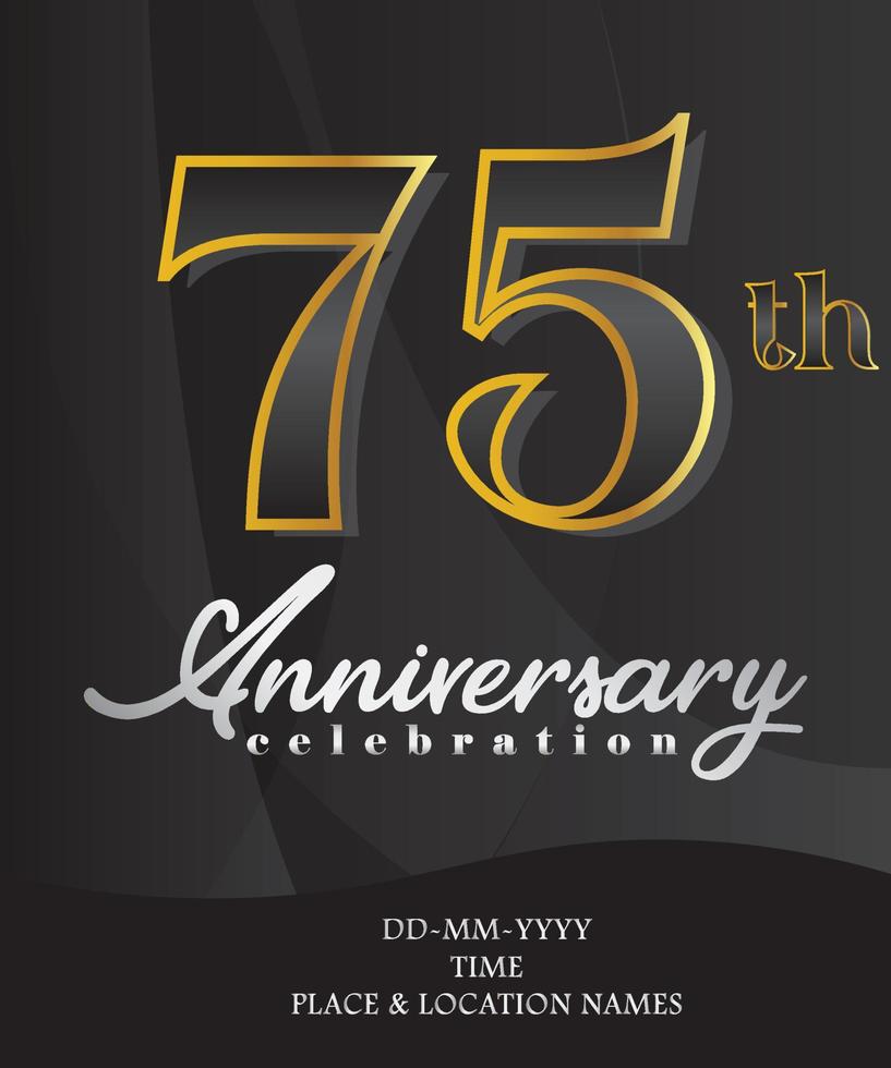 75 Anniversary Invitation and Greeting Card Design, Golden and Silver Coloured, Elegant Design, Isolated on Black Background. Vector illustration.