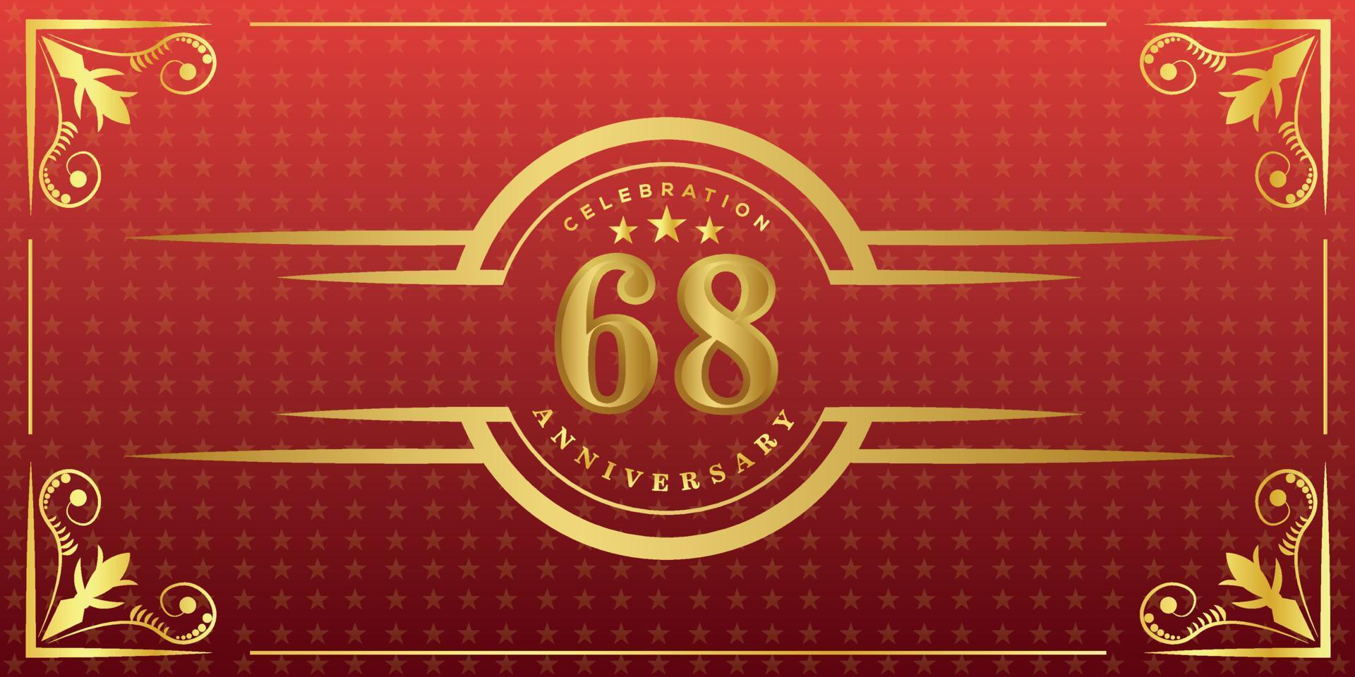 Logotipo del 68.º aniversario con anillo dorado, confeti y borde dorado aislado en un elegante fondo rojo, brillo, diseño vectorial para tarjetas de felicitación y tarjetas de invitación vector