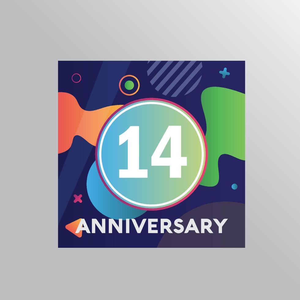 14th years anniversary logo, vector design birthday celebration with colourful background and abstract shape.