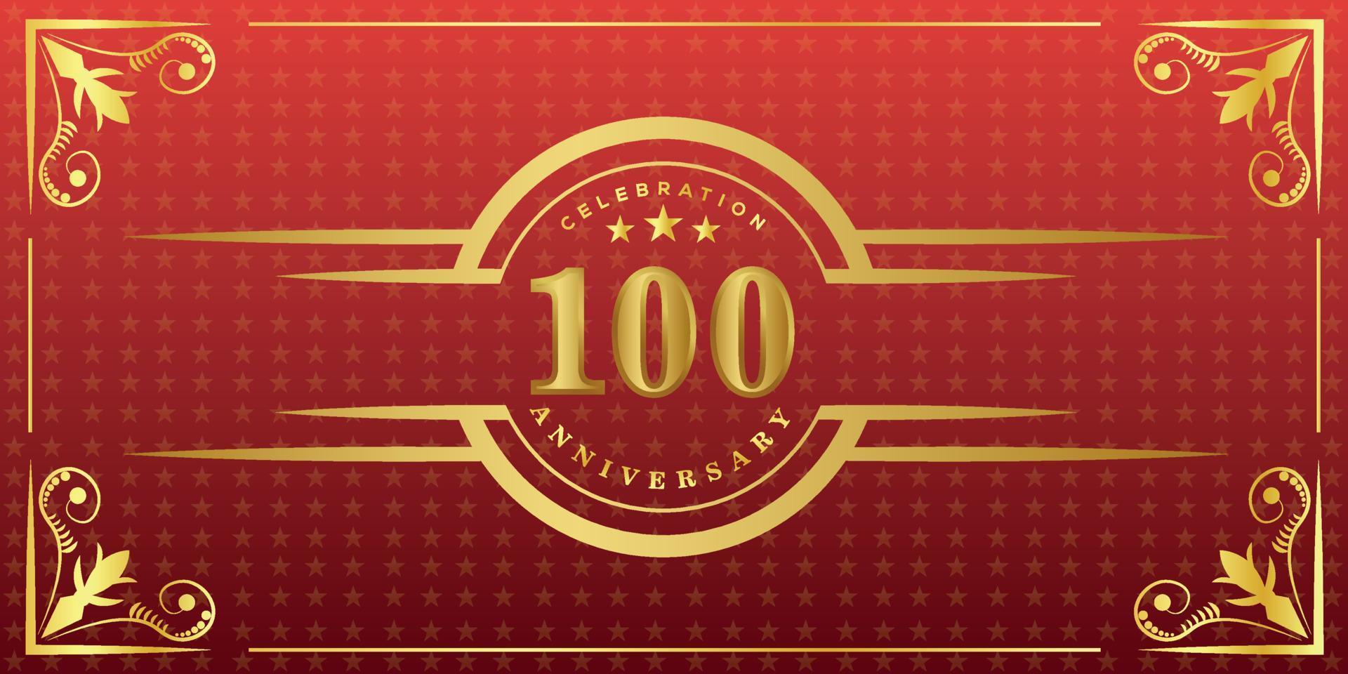 100th anniversary logo with golden ring, confetti and gold border isolated on elegant red background, sparkle, vector design for greeting card and invitation card