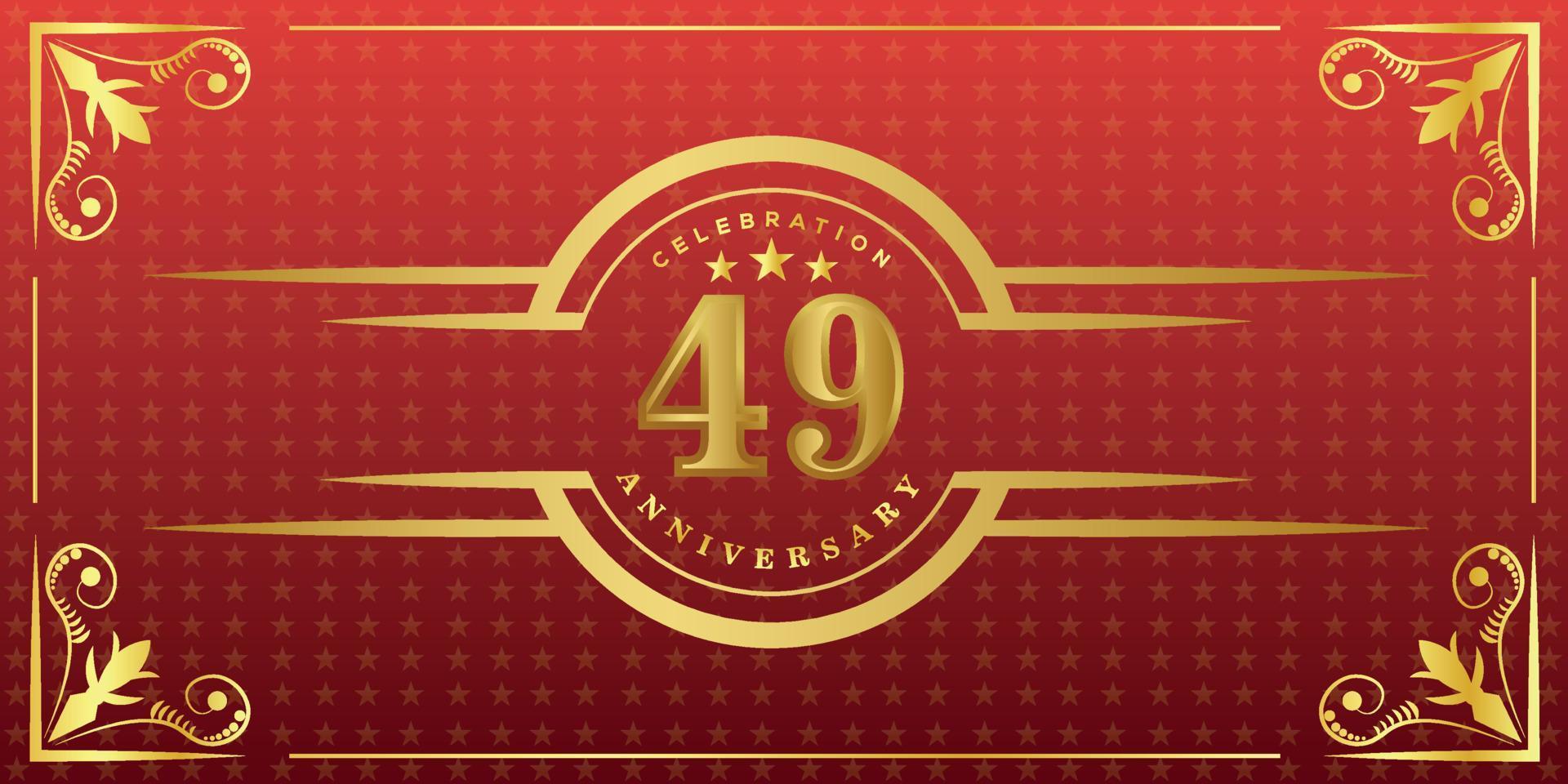 49th anniversary logo with golden ring, confetti and gold border isolated on elegant red background, sparkle, vector design for greeting card and invitation card