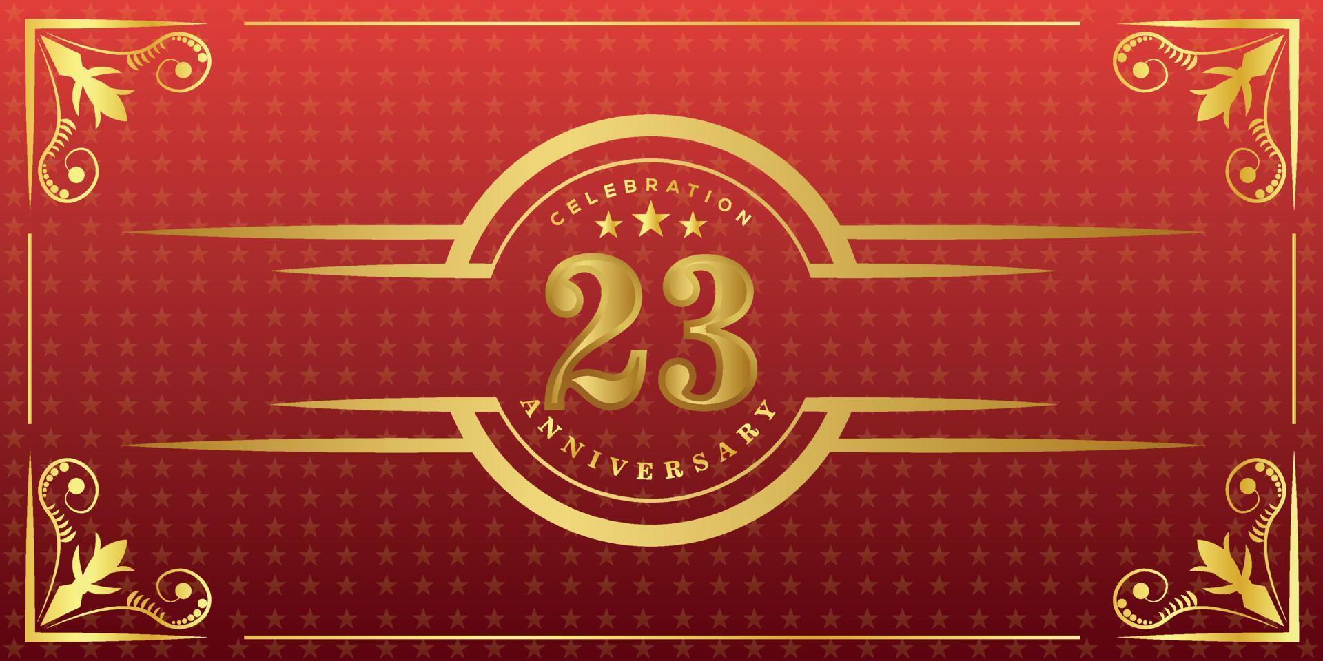 23rd anniversary logo with golden ring, confetti and gold border isolated on elegant red background, sparkle, vector design for greeting card and invitation card