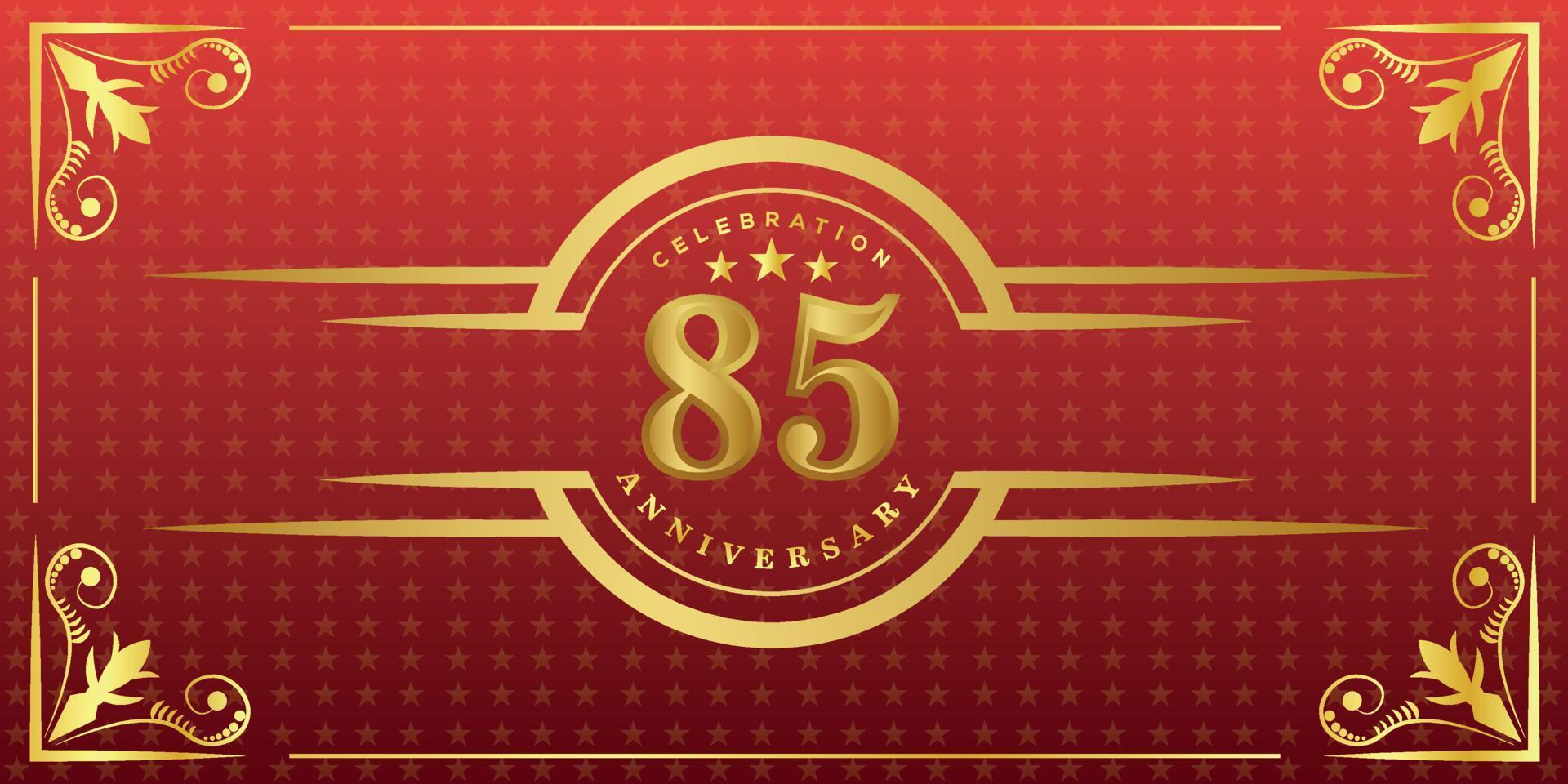 85th anniversary logo with golden ring, confetti and gold border isolated on elegant red background, sparkle, vector design for greeting card and invitation card