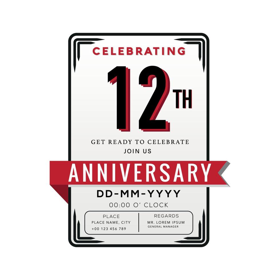 12 Years Anniversary Logo Celebration and Invitation Card with red ribbon Isolated on white Background vector