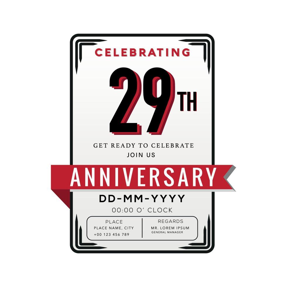 29 Years Anniversary Logo Celebration and Invitation Card with red ribbon Isolated on white Background vector