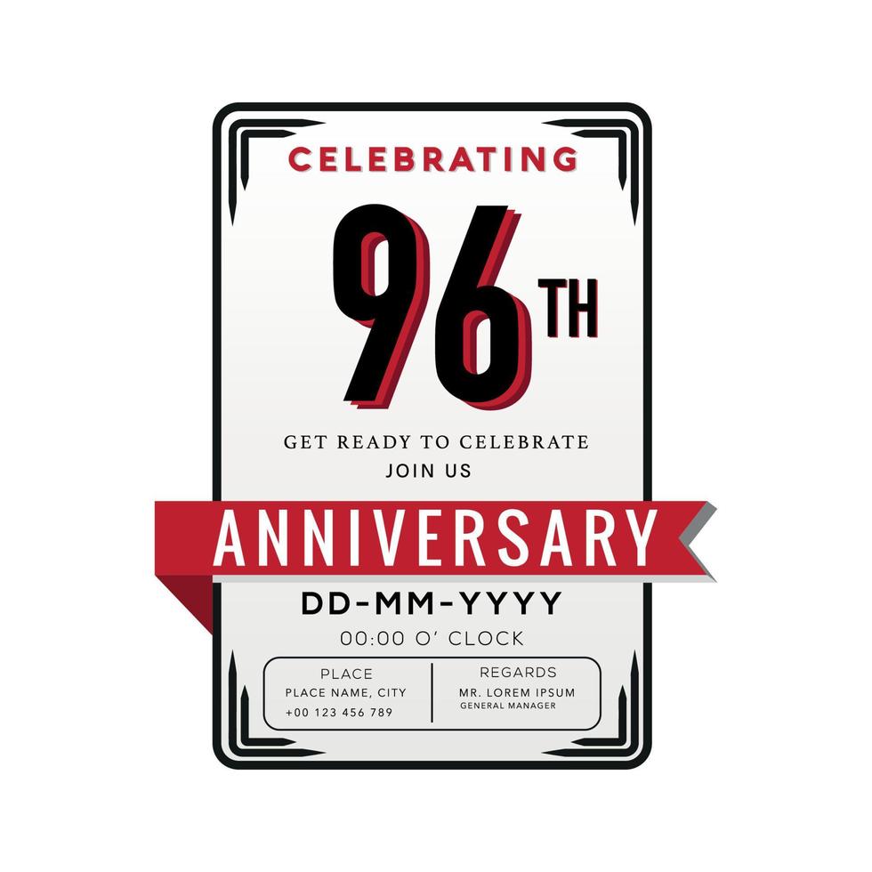 96 Years Anniversary Logo Celebration and Invitation Card with red ribbon Isolated on white Background vector