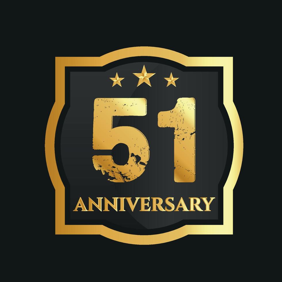 Celebrating 51st years anniversary with golden border and stars on dark background, vector design.