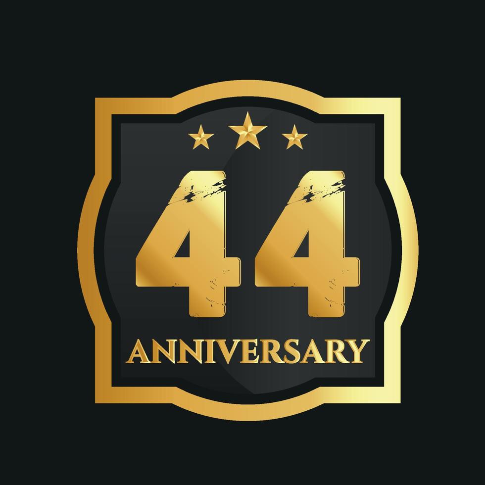 Celebrating 44th years anniversary with golden border and stars on dark background, vector design.