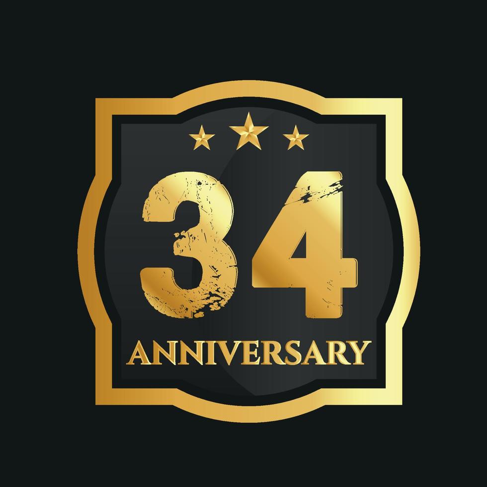 Celebrating 34th years anniversary with golden border and stars on dark background, vector design.