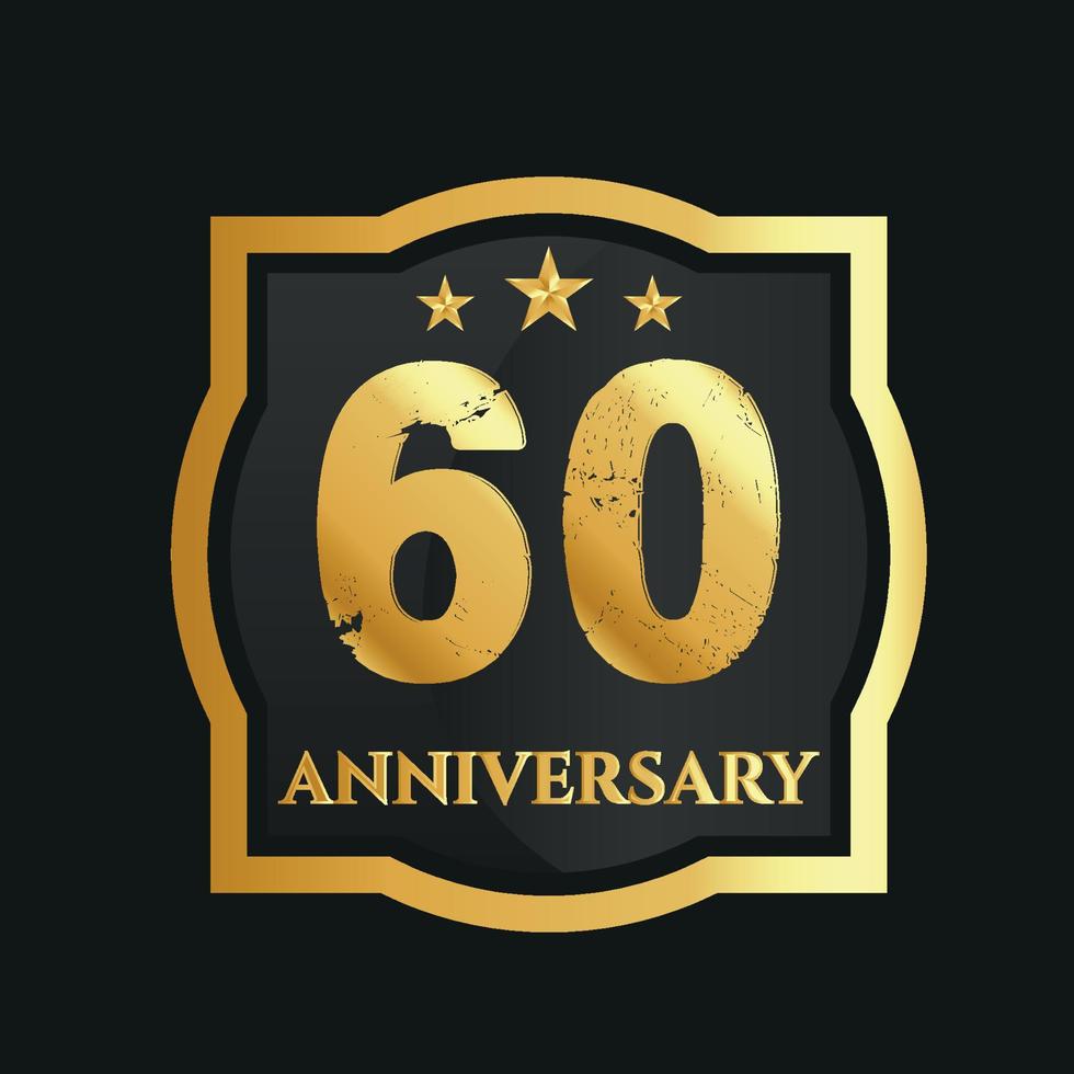 Celebrating 60th years anniversary with golden border and stars on dark background, vector design.